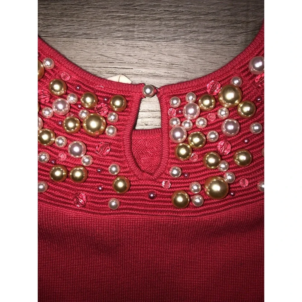 MOTH‎ Anthropologie M Red Coral Pearl Dangle Beaded Knit Top Brienne